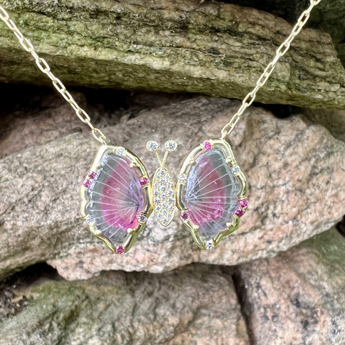 Bicolored Tourmaline Carved Butterfly and Pink Sapphire Sapphire Sprinkle Necklace