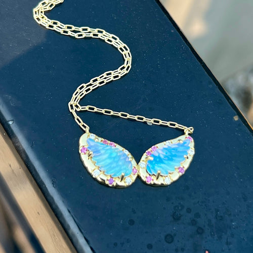 Carved Opal Angel Wings and Pink Sapphire Sprinkle Necklace