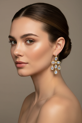 Rainbow moonstone chandelier earrings styled on a model, 18k gold milgrained bezel setting, 2 inch drop