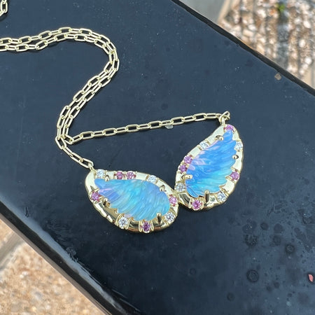 Carved Opal Angel Wings and Pink Sapphire Sprinkle Necklace