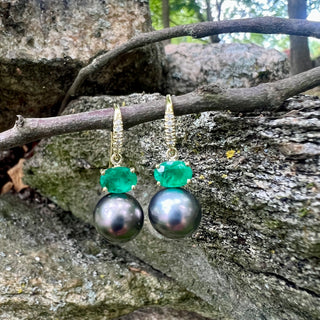 Oval Emerald and Grey Tahitian Pearl Joyce Earrings