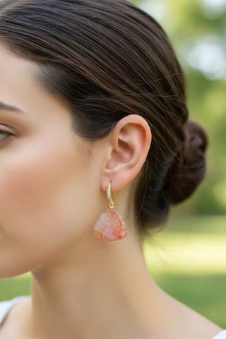 Sagenite agate drop earrings worn on model, showing scale and proportion