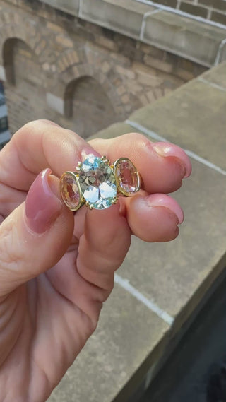 Oval Aquamarine and Morganite Triad Ring