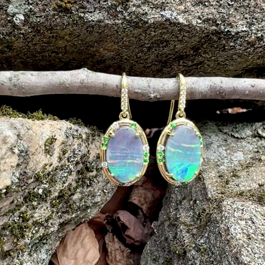 Oval Boulder Opal and Tsavorite Sprinkle Earrings