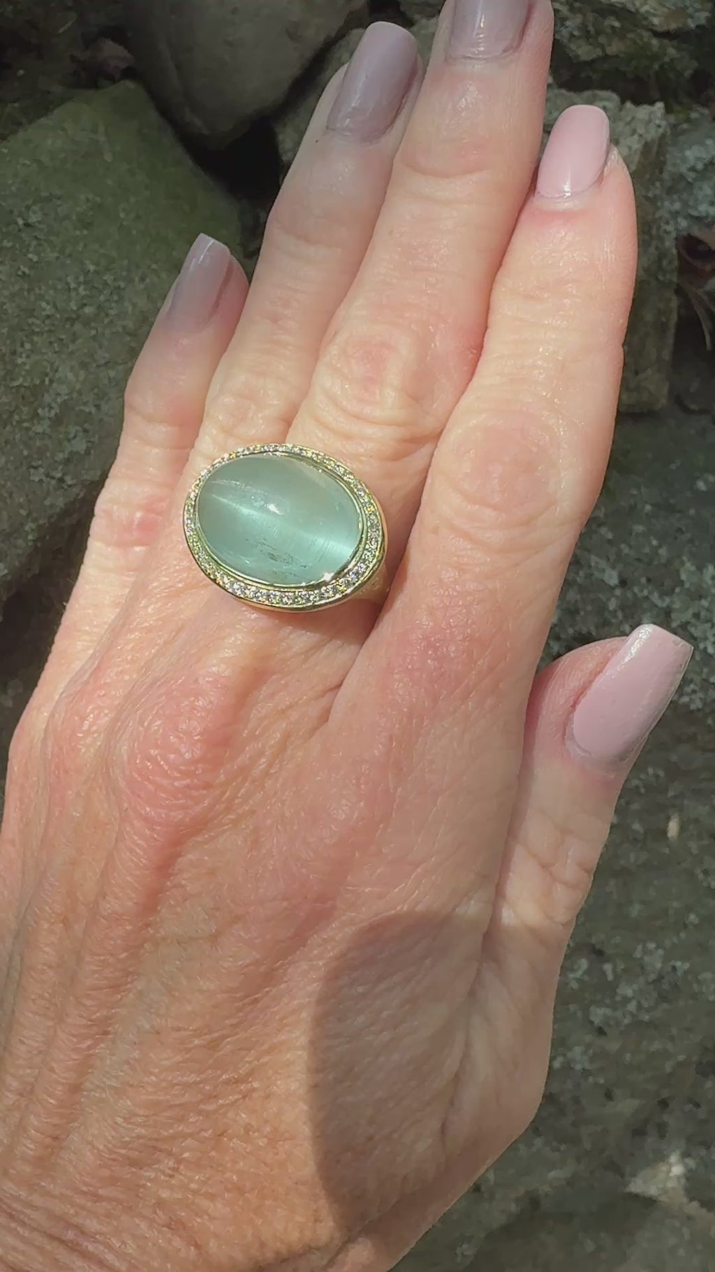 Cat's Eye Aquamarine Flower Impression Ring