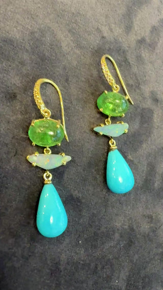 Tsavorite, Boulder Opal and Turquoise Briolette Joyce Earrings