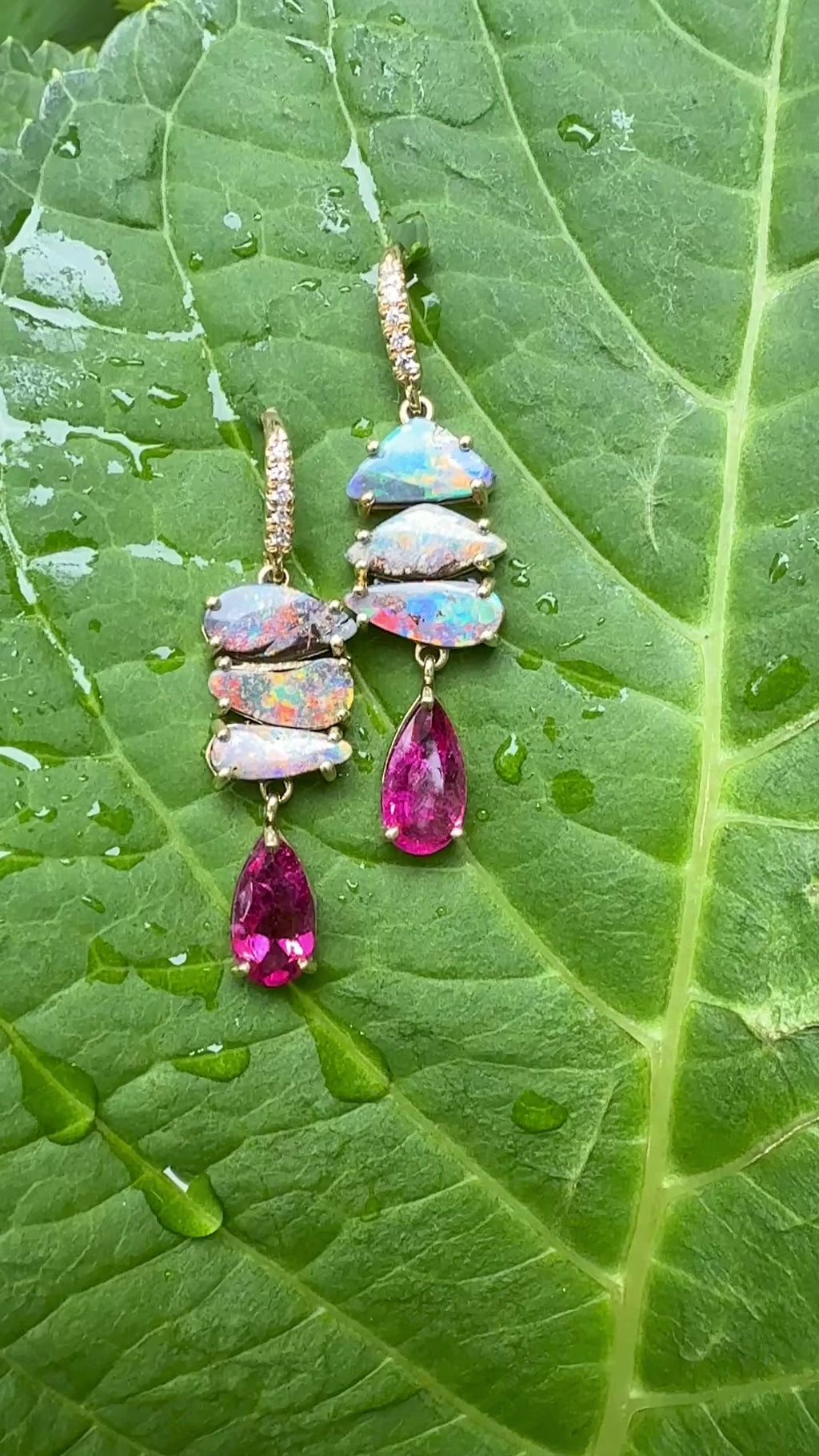 Boulder opal and Pink Tourmaline Four Stone Joyce Earrings