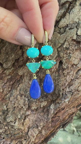 Turquoise, Boulder Opal and Lapis Three Stone Joyce Earrings