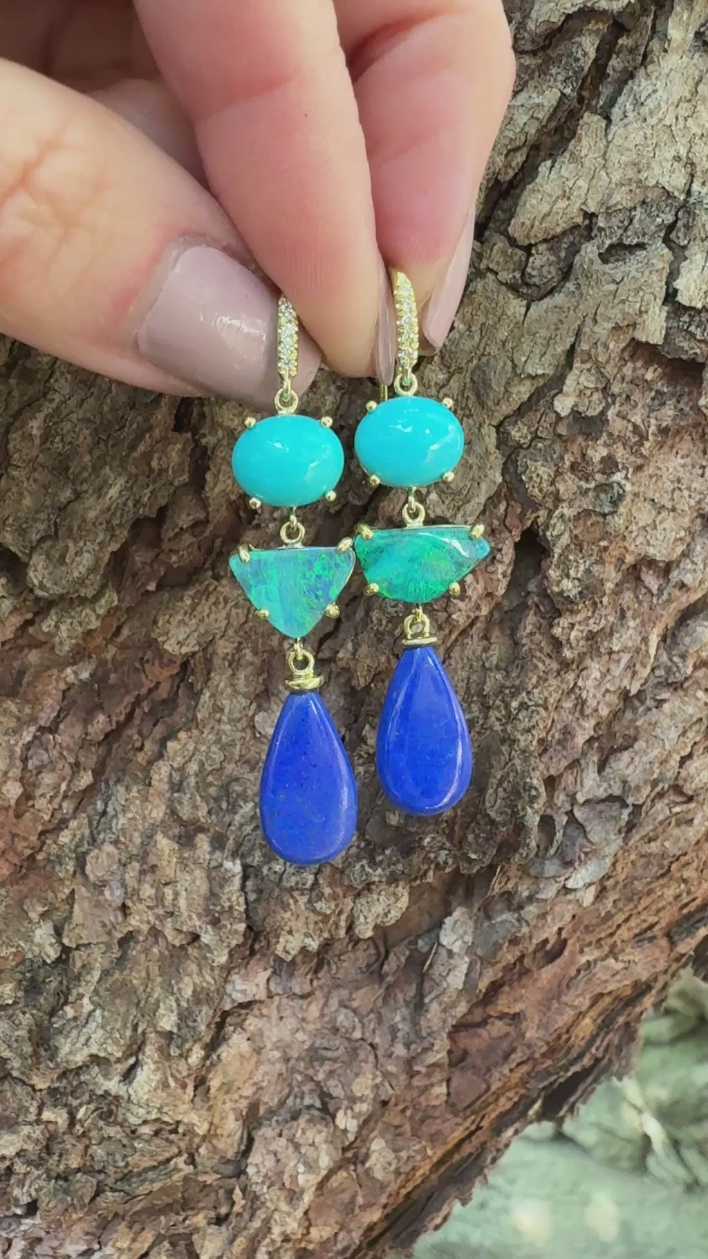 Turquoise, Boulder Opal and Lapis Three Stone Joyce Earrings