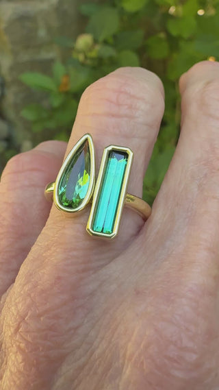 Elongated Pear Shape and Emerald Cut Green Tourmaline Duet Ring