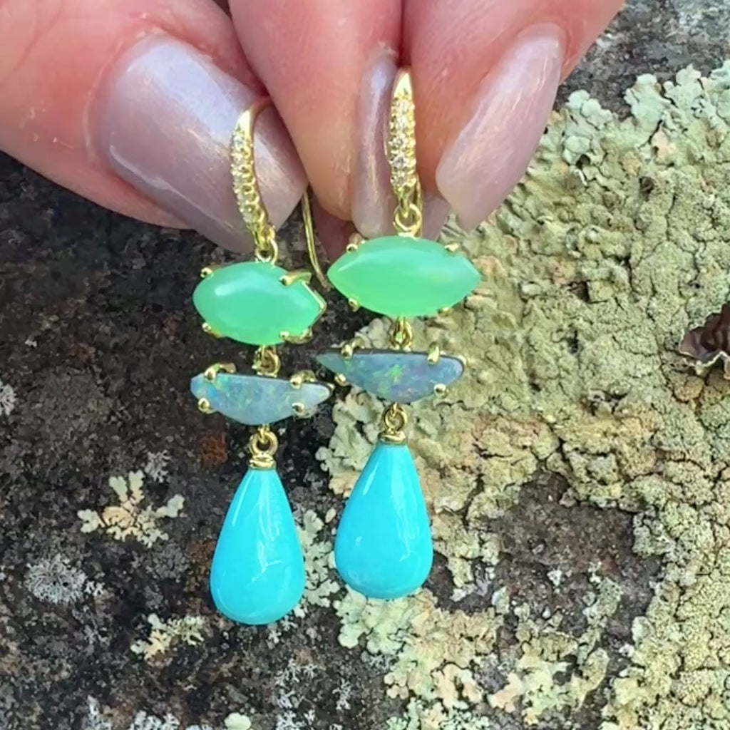 Chrysoprase, Boulder Opal and Sleeping Beauty Turquoise Briolette Earrings