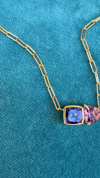 Cushion Cut Tanzanite and Pink Tourmaline Trillion Duet Necklace
