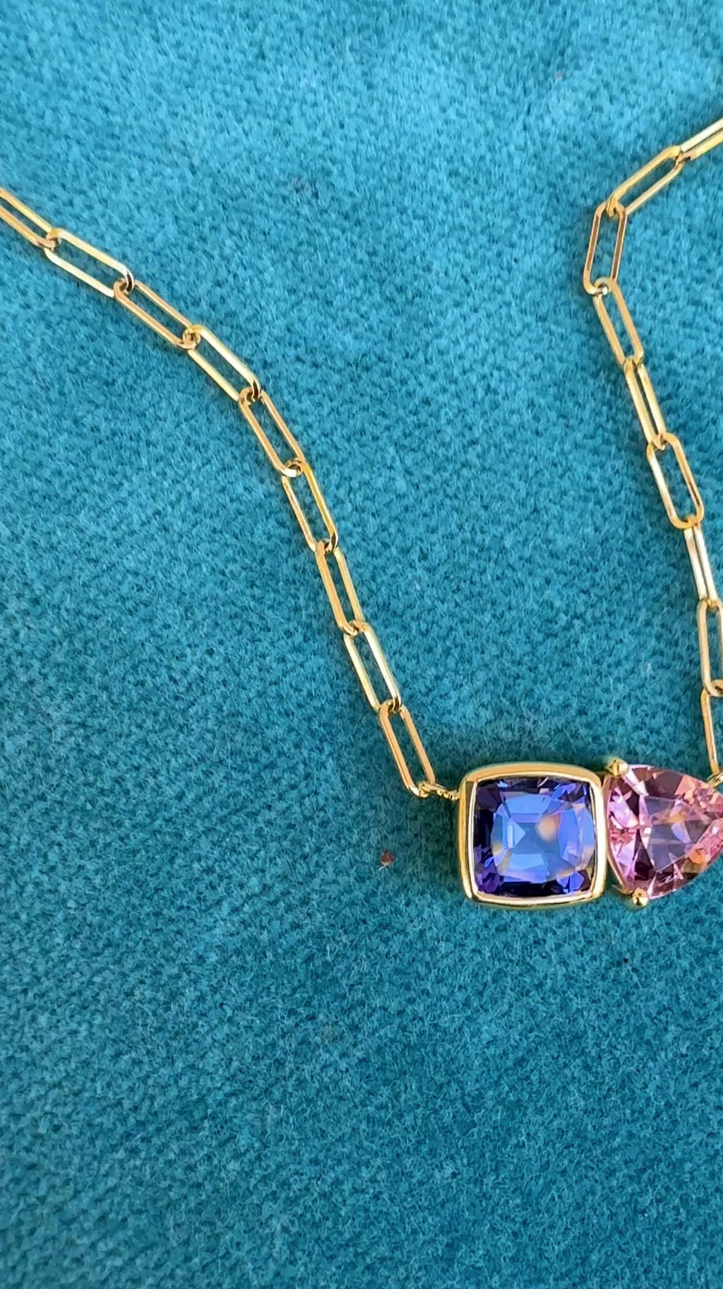 Cushion Cut Tanzanite and Pink Tourmaline Trillion Duet Necklace
