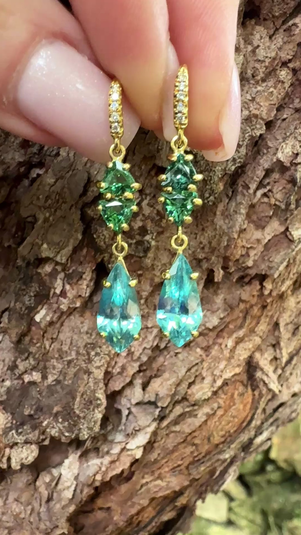 Green Tourmaline and Blue Zircon Three Stone Joyce Earrings