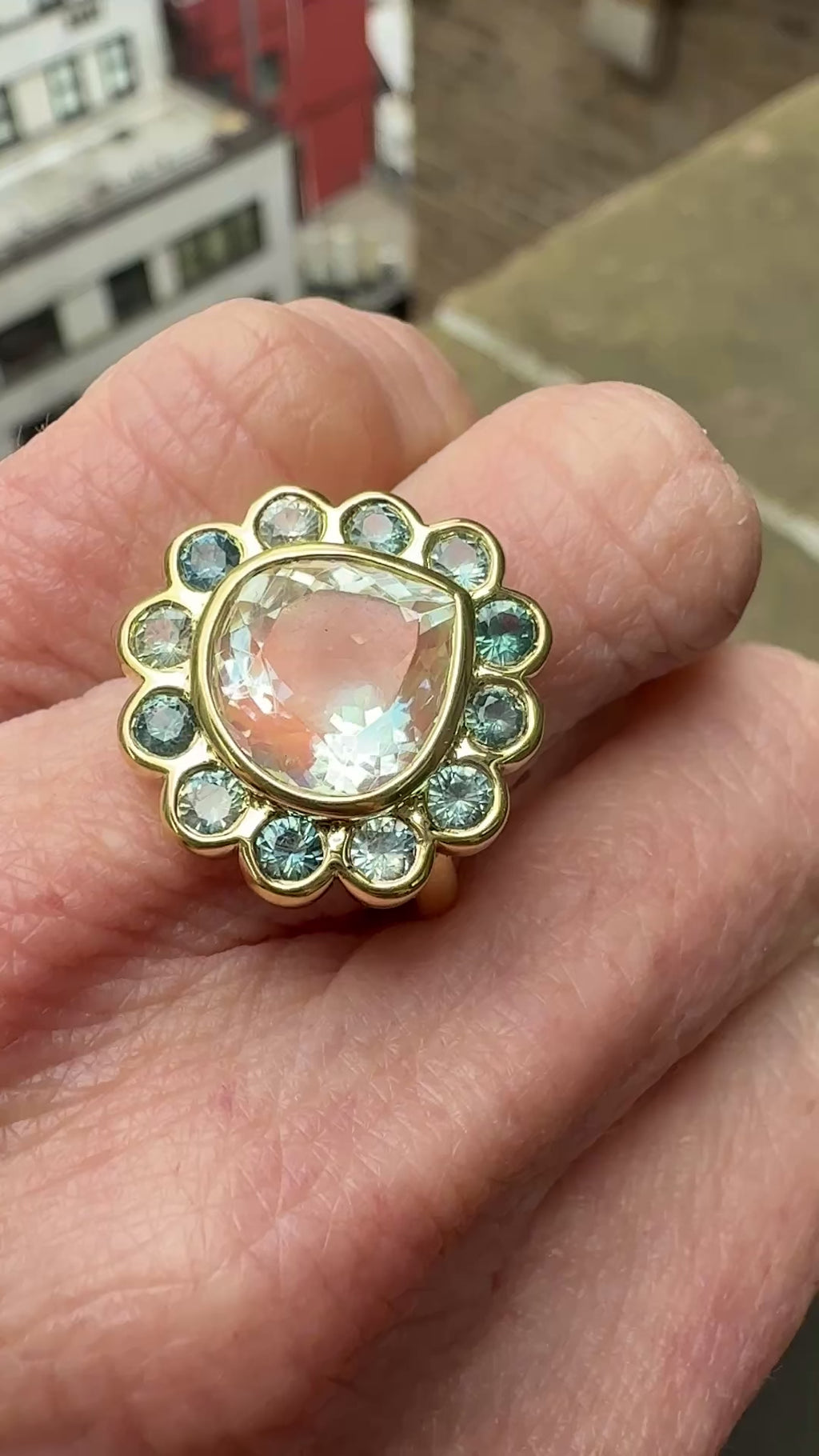 Pear Shape Madagascar Moonstone and Montana Sapphire Blossom Ring