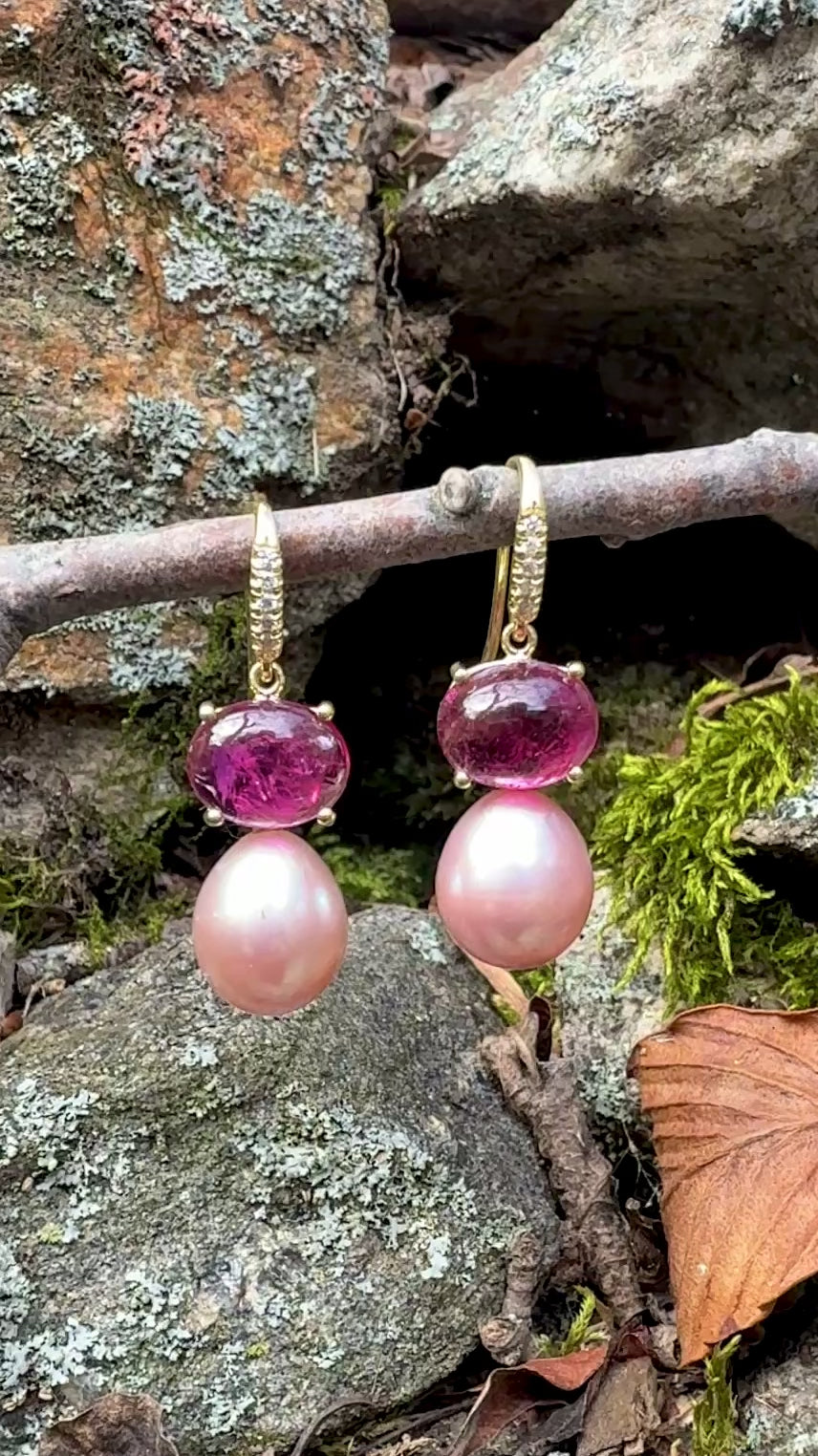 Cabochon Pink Tourmaline and Freshwater Pearl Two Stone Joyce Earrings