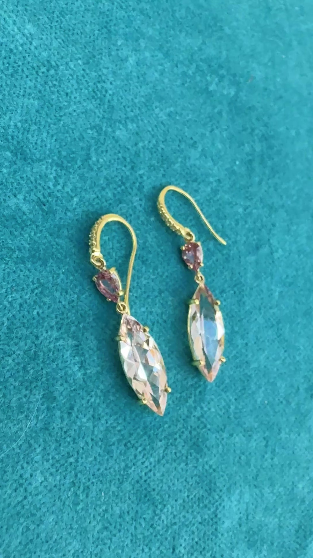 Pear Shaped Padparadscha Sapphire and Marquis Morganite Two Stone Joyce Earrings