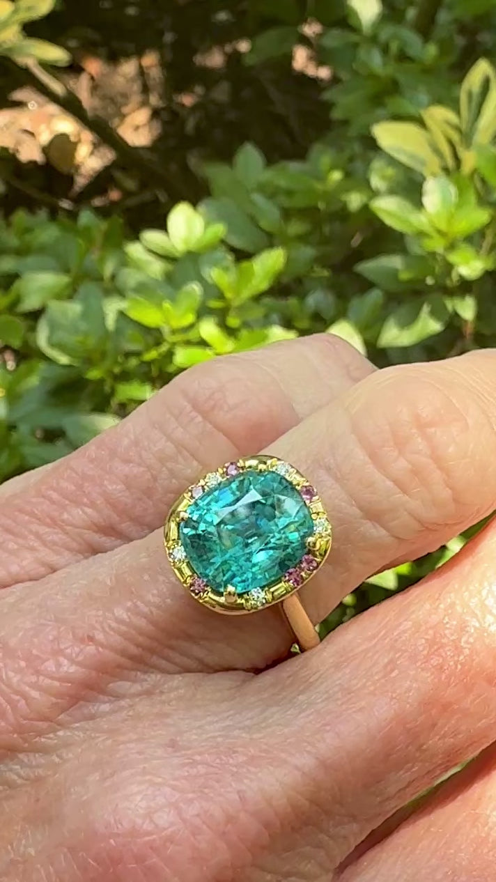 Cushion Cut Blue Zircon and Pink Sapphire Sprinkle Ring