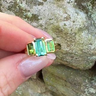 Emerald Cut Blue and Green Tourmaline Triad Ring