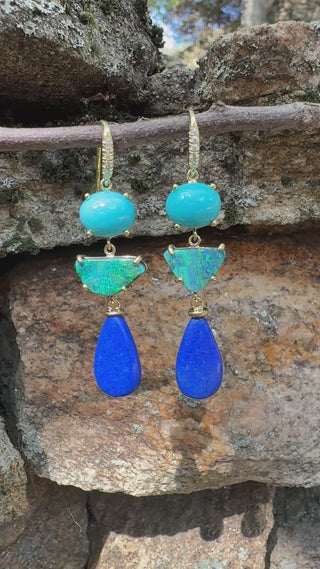 Turquoise, Boulder Opal and Lapis Three Stone Joyce Earrings