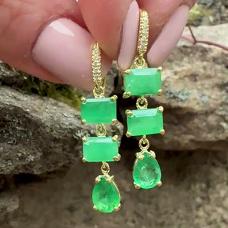 Emerald Cut and Pear Shaped Three Stone Emerald Joyce Earings