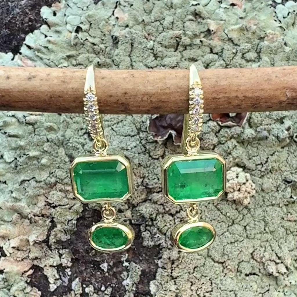 Emerald Cut and Oval Emerald Bezel Set Two Stone Joyce Earrings