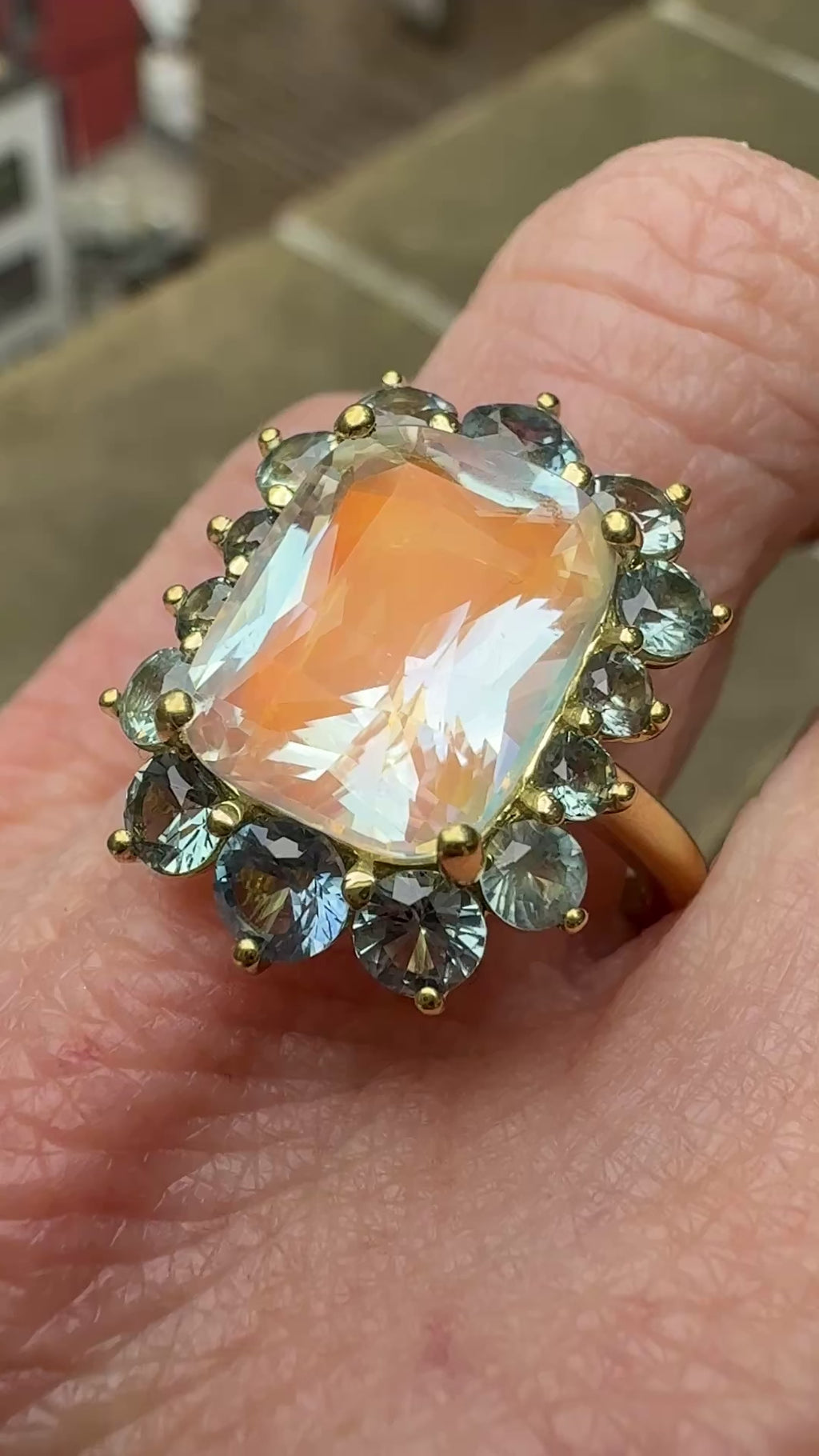 Cushion Cut Madagascar Moonstone and Montana Sapphire Posy Ring