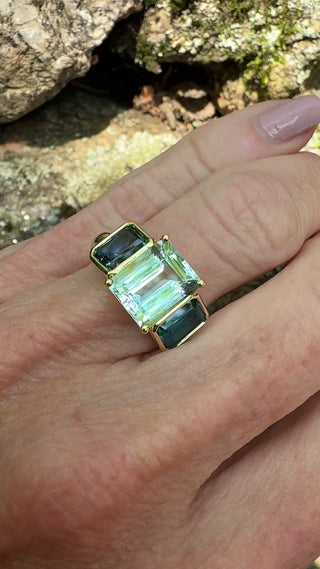 Emerald Cut Aquamarine and Blue Topaz Triad Ring