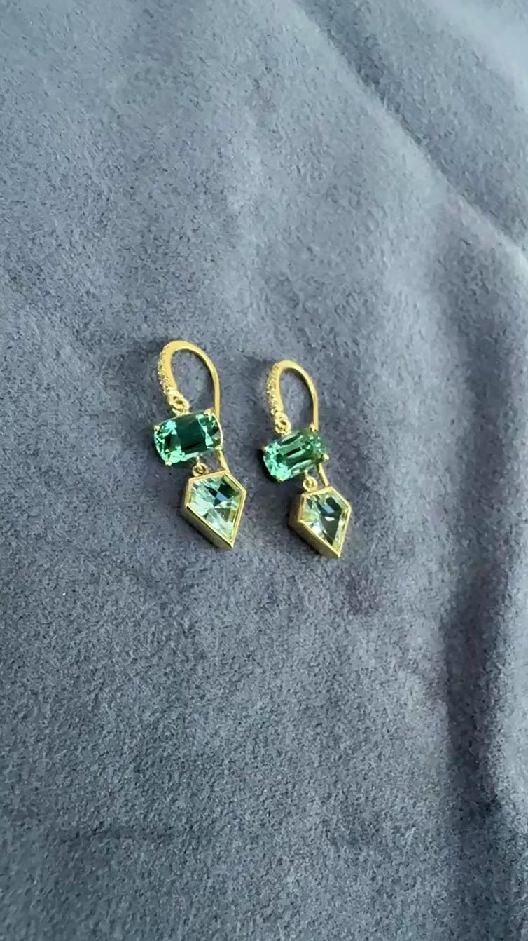 Cushion Cut Lagoon Tourmaline and Kite Shaped Two Stone Joyce Earrings