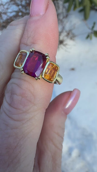 Cushion Cut Pink Tourmaline and Mandarin Garnet Triad Ring