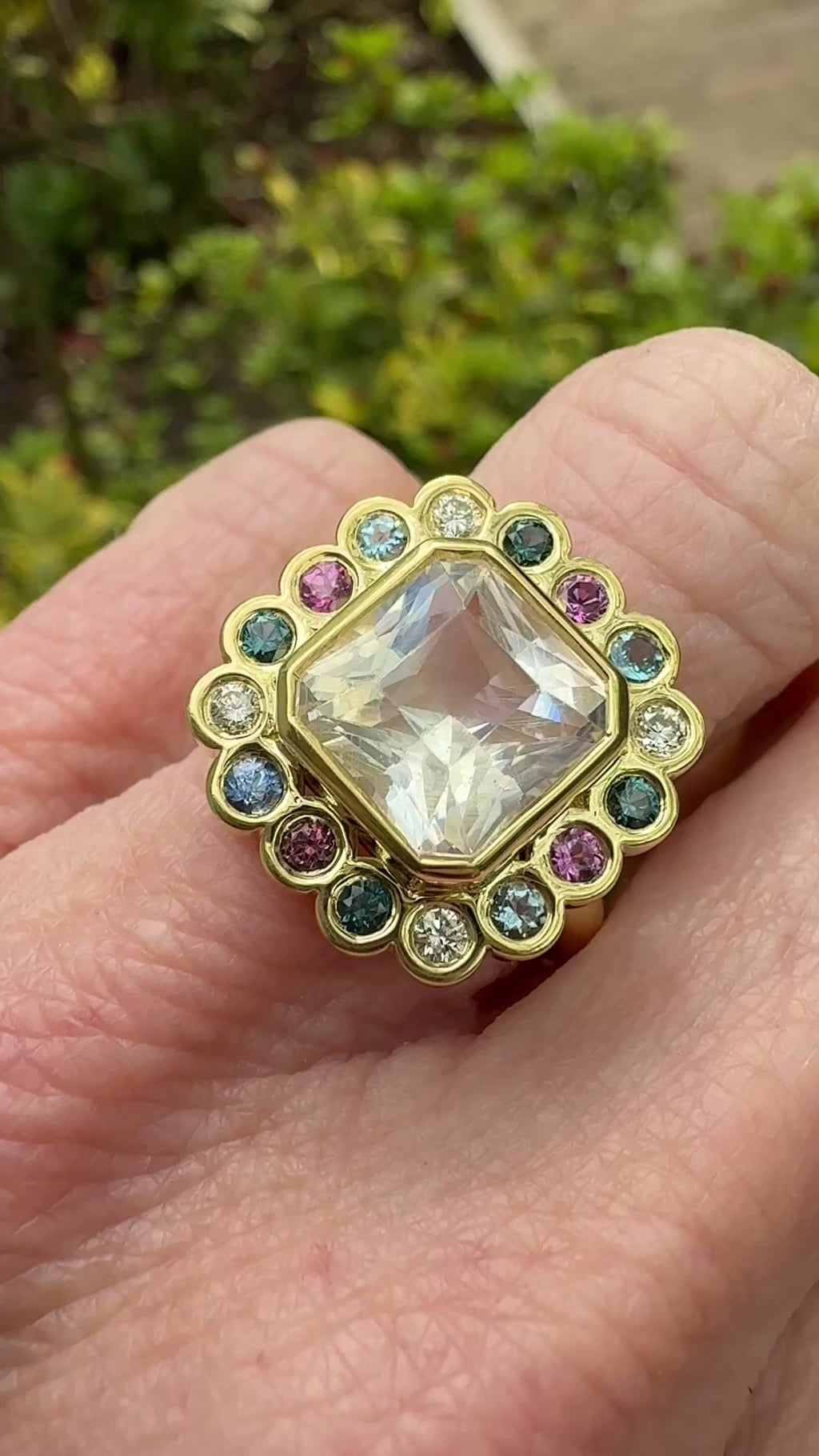 Madagascar Moonstone and Multicolor Gemstone Blossom Ring