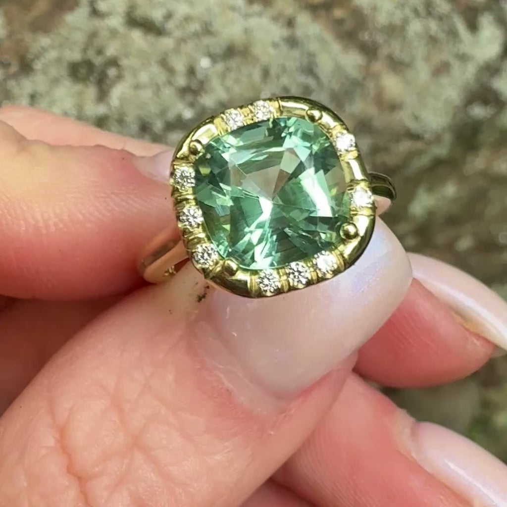 Cushion Cut Green Tourmaline Sprinkle Ring