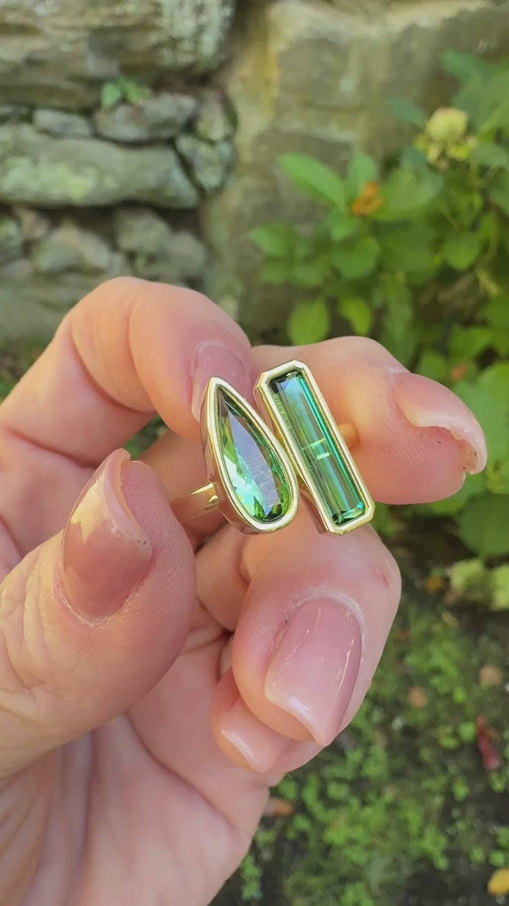 Elongated Pear Shape and Emerald Cut Green Tourmaline Duet Ring