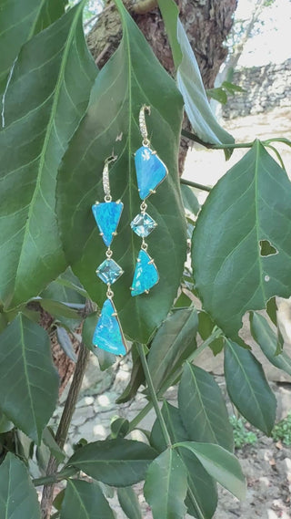 Boulder Opal and Blue Zircon Three Stone Joyce Earrings