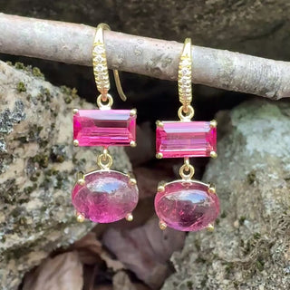 Emerald Cut and Oval Cabochon Pink Tourmaline Joyce Earrings