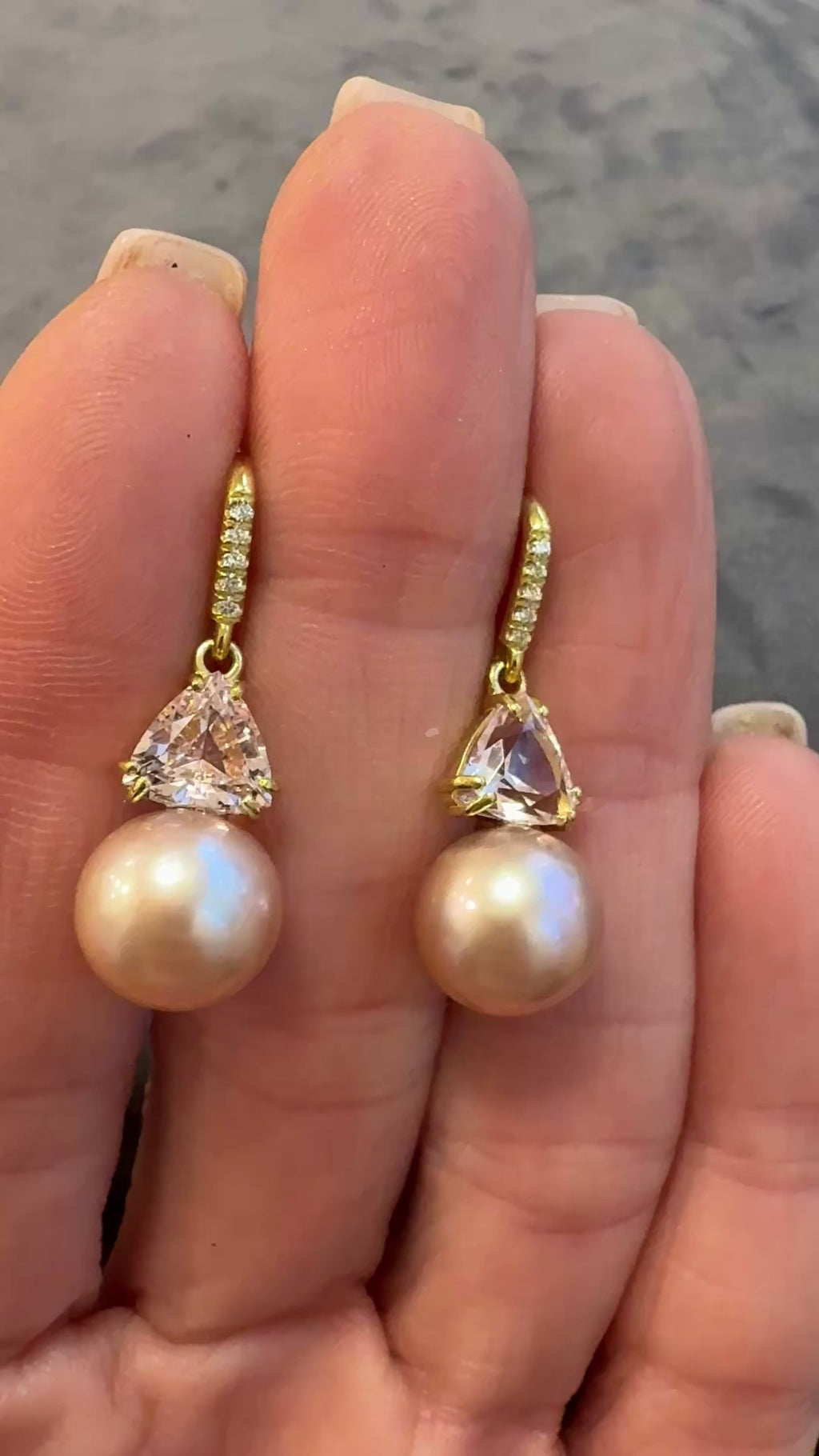 Trillion Shaped Morganite and Pearl Two Stone Joyce Earrings