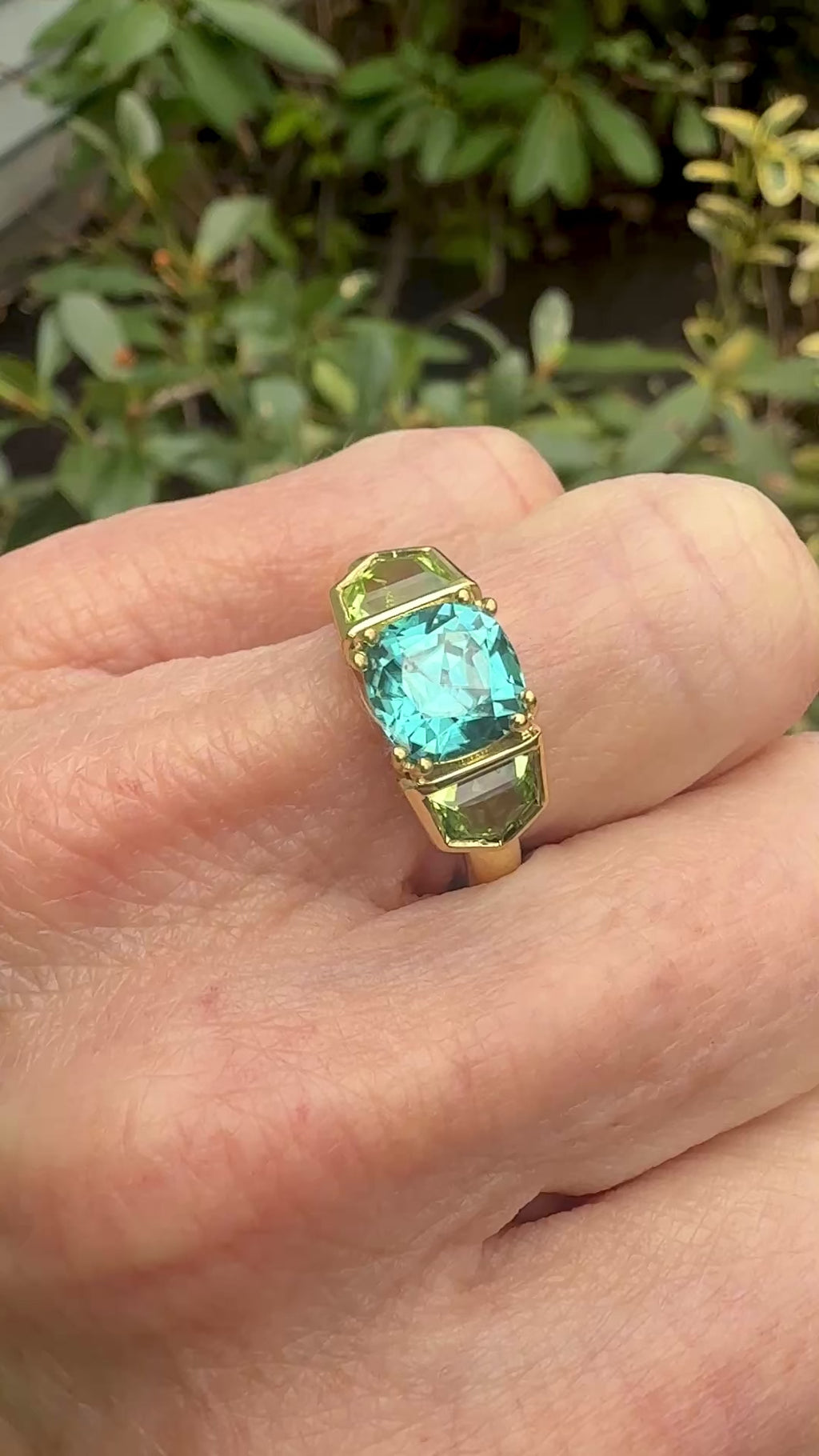 Blue Zircon and Peridot Triad Ring