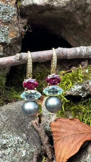 Garnet, Aquamarine and South Sea Pearl Three Stone Joyce Earrings