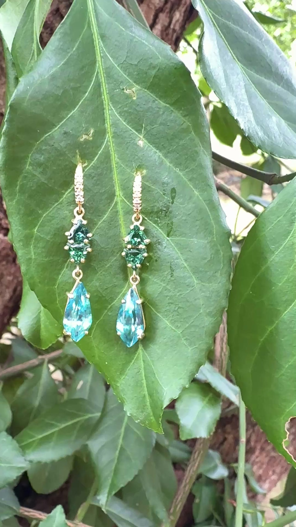 Green Tourmaline and Blue Zircon Three Stone Joyce Earrings