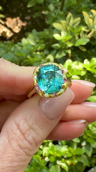 Cushion Cut Blue Zircon and Pink Sapphire Sprinkle Ring