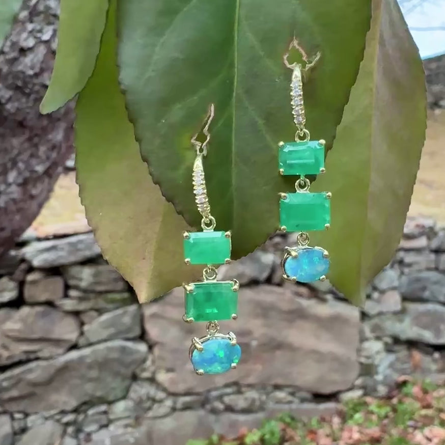 Emerald and Boulder Opal Three Stone Joyce Earrings