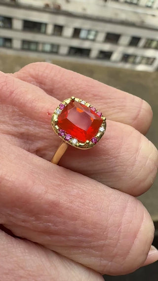Cushion Cut Fire Opal and Pink Sapphire Sprinkle Ring
