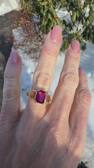 Cushion Cut Pink Tourmaline and Mandarin Garnet Triad Ring