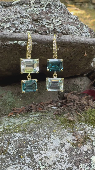 Emerald Cut Blue Topaz and Aquamarine Hi Lo Joyce Earrings
