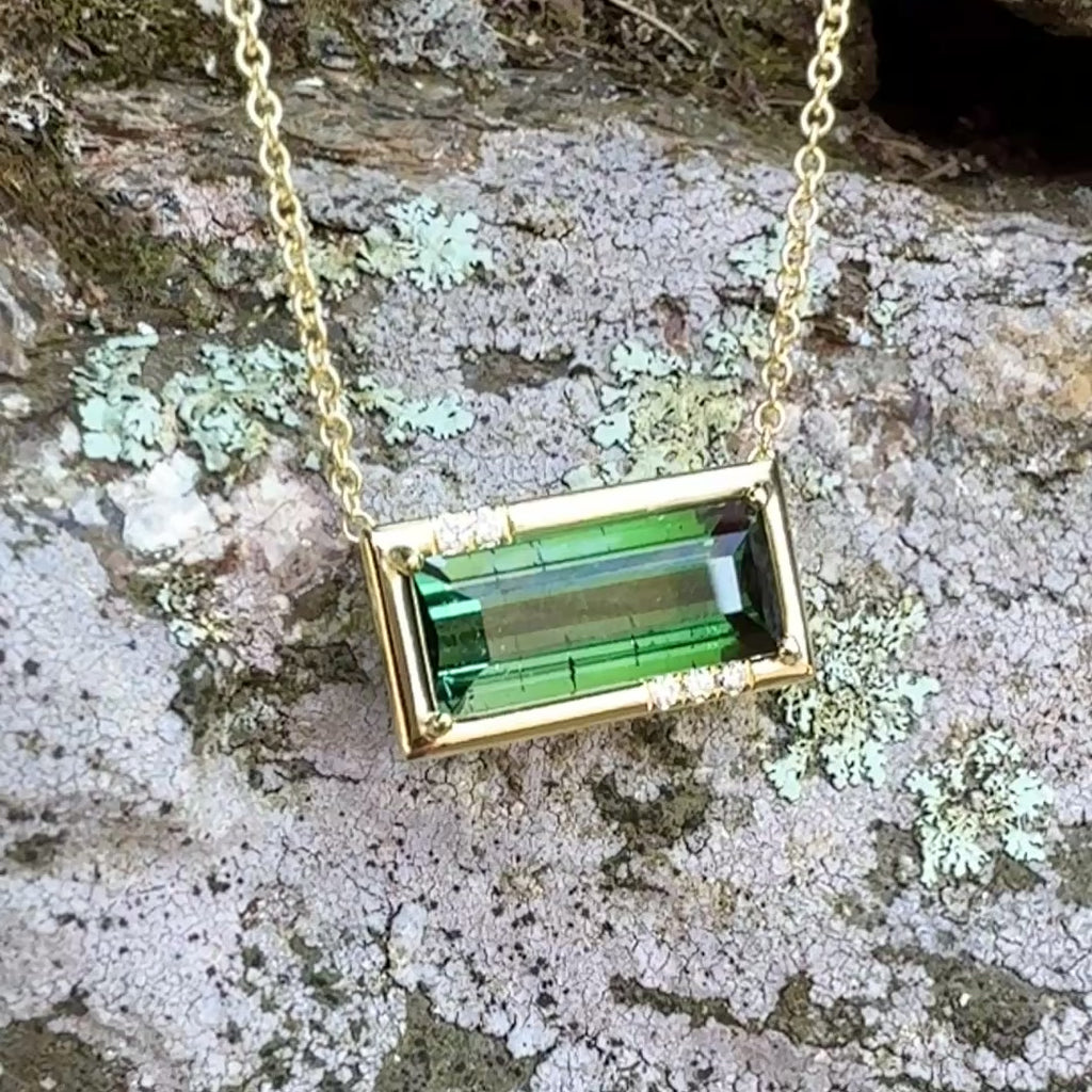 Emerald Cut Green Tourmaline Sprinkle Frame Necklace