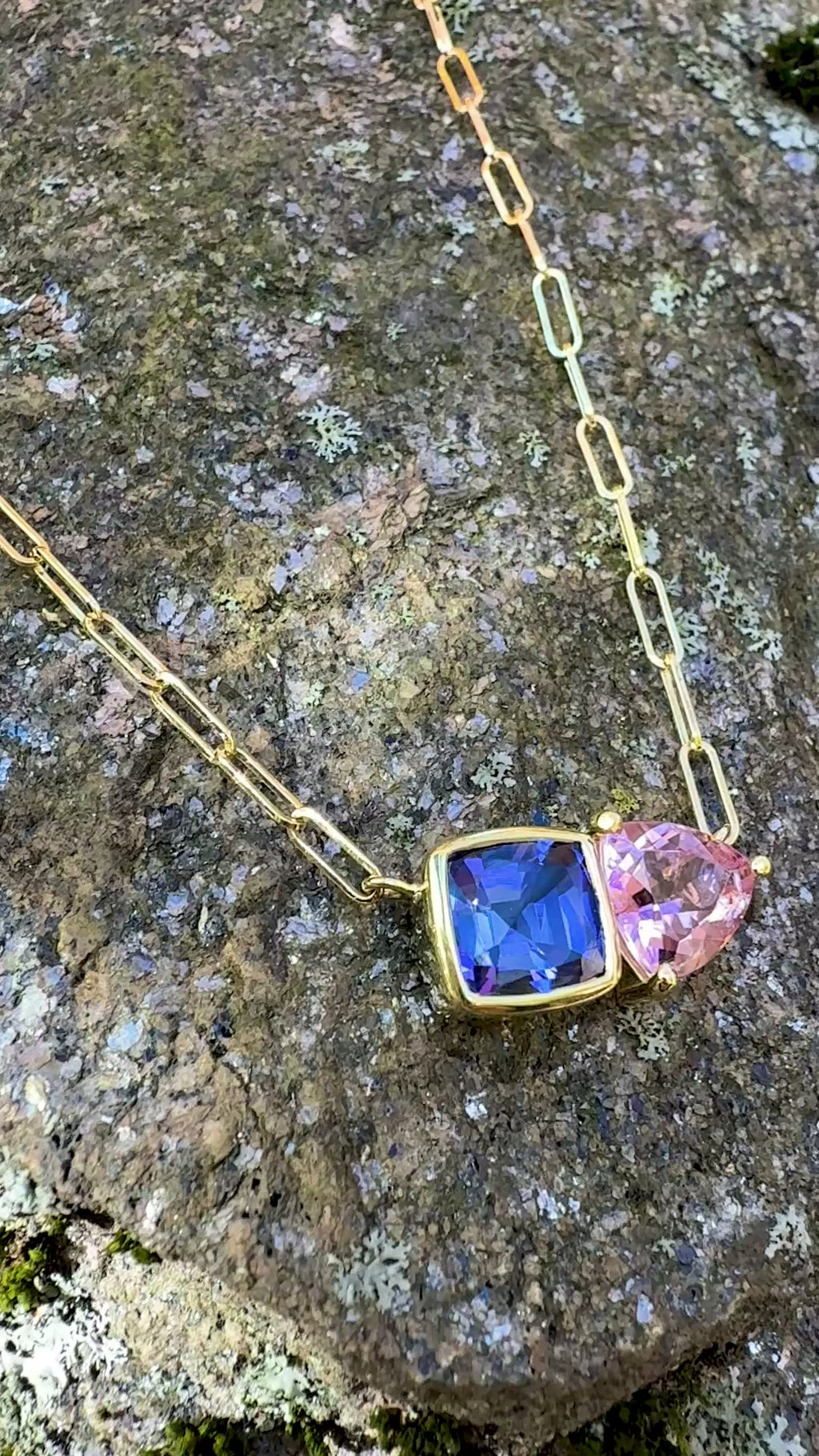 Cushion Cut Tanzanite and Pink Tourmaline Trillion Duet Necklace