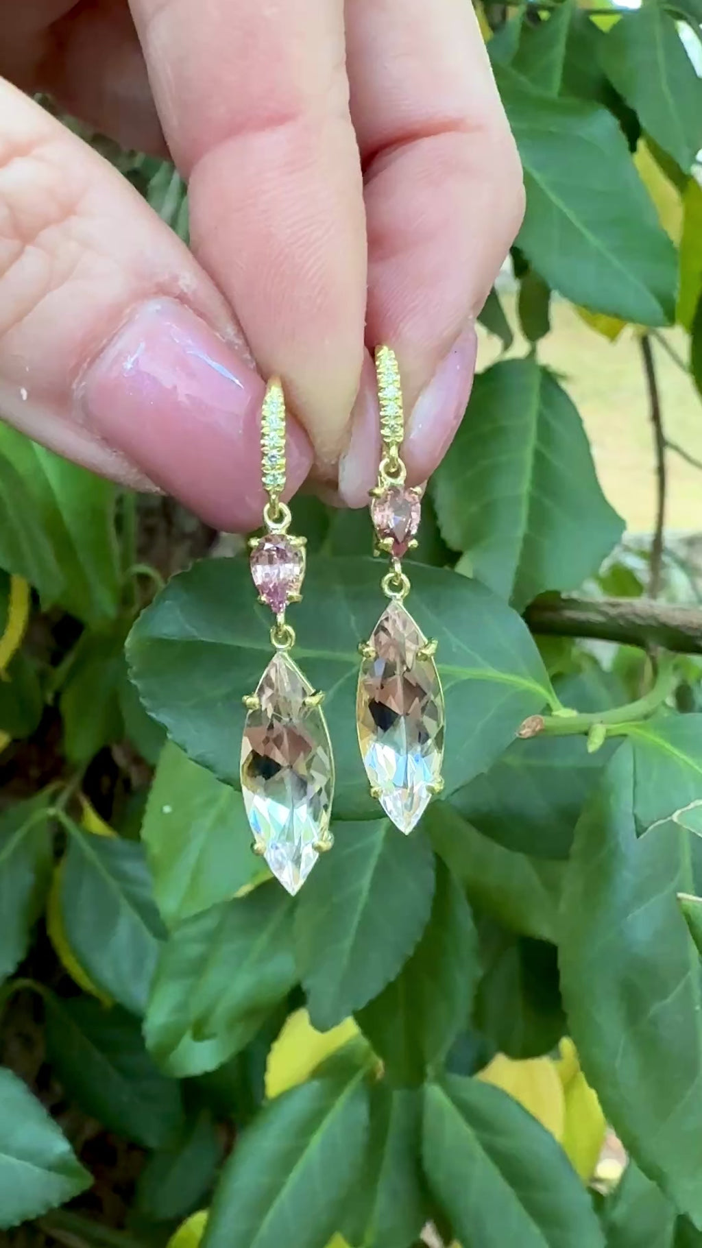 Pear Shaped Padparadscha Sapphire and Marquis Morganite Two Stone Joyce Earrings