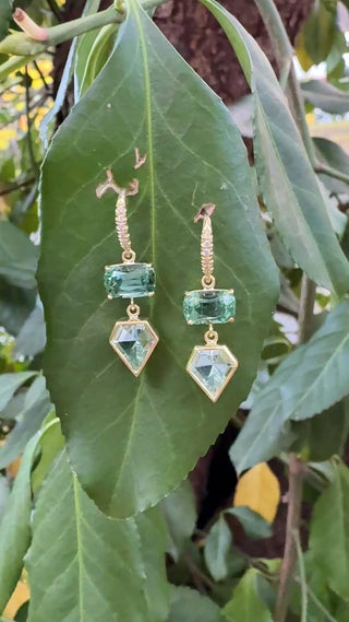 Cushion Cut Lagoon Tourmaline and Kite Shaped Two Stone Joyce Earrings