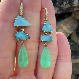 Freeform Boulder Opal and Chrysoprase Briolette Three Stone Joyce Earrings