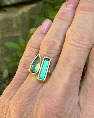 Elongated Pear Shape and Emerald Cut Green Tourmaline Duet Ring